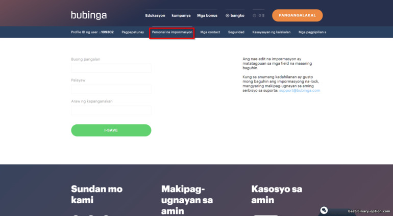Pag -verify ng account sa Broker Bubinga - Personal na Data
