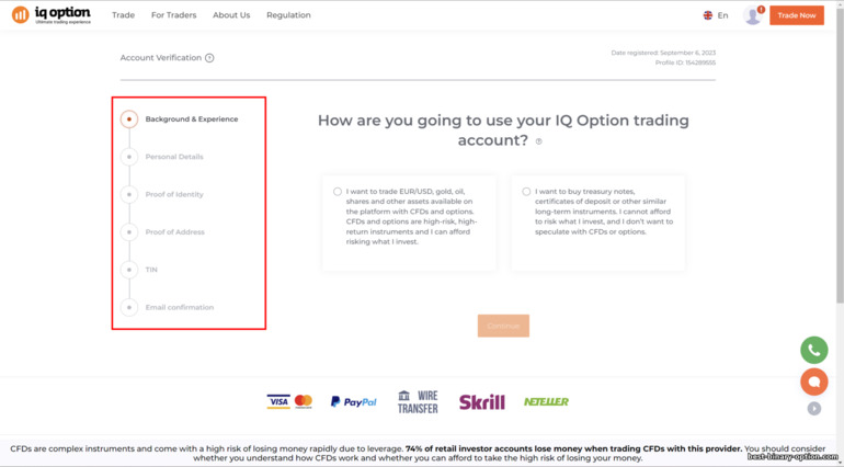 Pag-verify ng isang trading account sa IQ Option broker