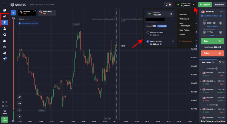 Lumipat sa isang demo account kasama ang Quotex broker