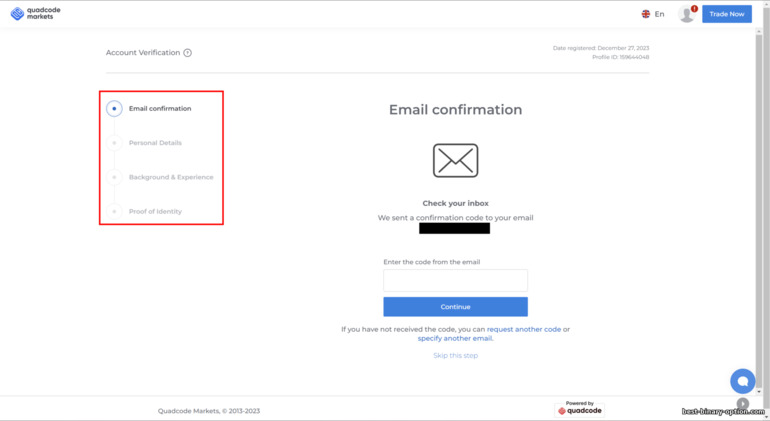 pag-verify ng isang trading account sa broker na Quadcode Markets