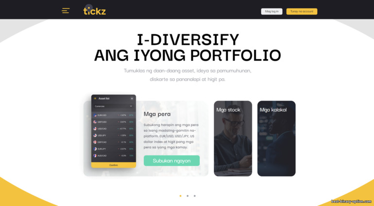 Isang malaking pagpipilian ng mga ari -arian para sa pangangalakal sa broker ng Tickz