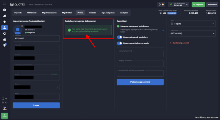 Pag-verify ng iyong account sa binary options broker na Quotex