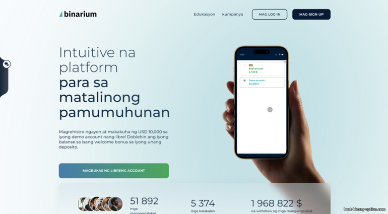 Opisyal na website ng broker Binarium