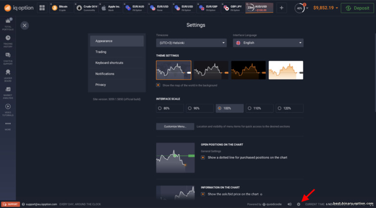 Mga setting ng trading platform sa IQ Option broker