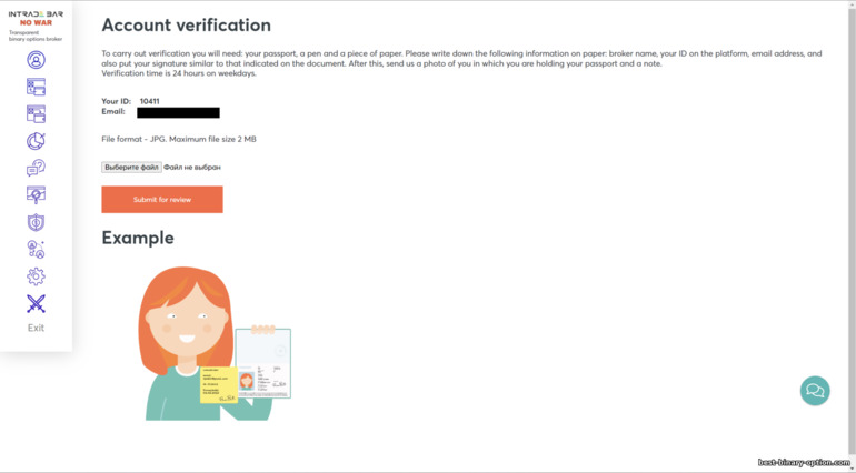 Ang pamamaraan para sa pag-verify ng isang account sa broker Intrade Bar