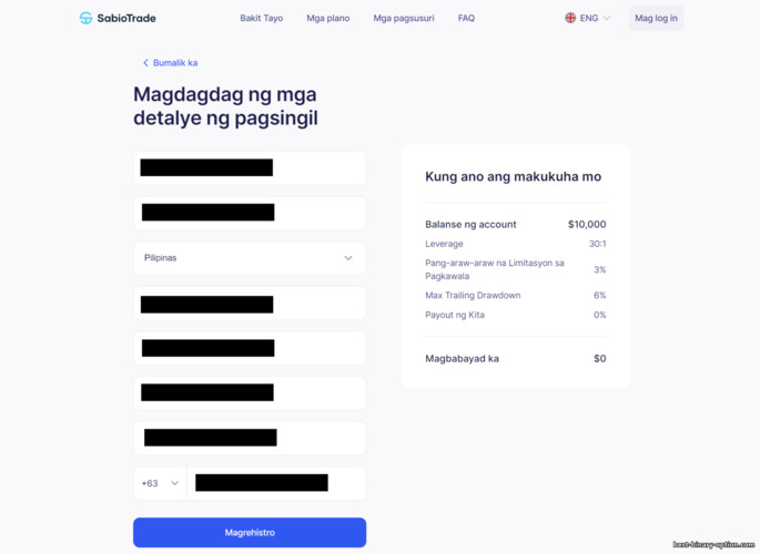 Form ng pagpaparehistro para sa isang account sa pagsasanay na may prop trading broker na SabioTrade