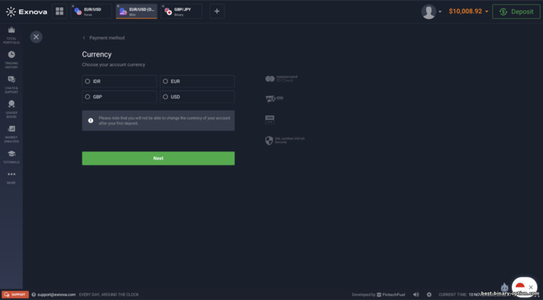 Pagpili ng currency ng isang trading account sa Exnova broker