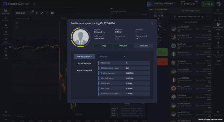 Ang pagpipilian ng mangangalakal para sa social trading sa Pocket Option broker