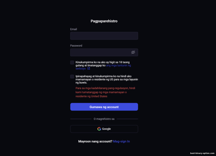 Pagrehistro ng isang Trading Account sa Broker Binolla