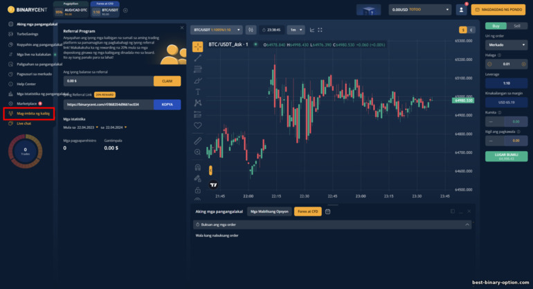 kaakibat na programa o sistema ng referral sa binarycent ng broker