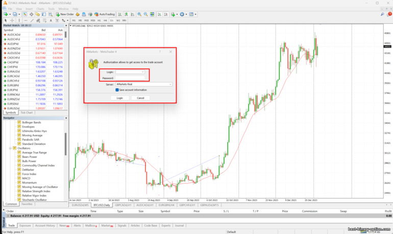 mag-login sa isang tunay na trading account ng broker AMarkets