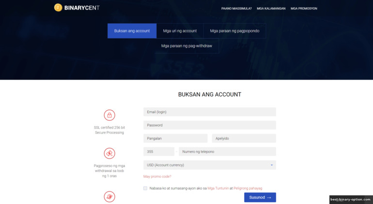 Pagrehistro ng isang Trading Account sa binarycent broker