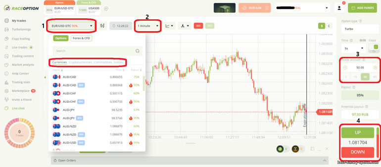 Interface ng RaceOption Trading Platform