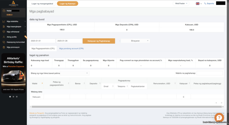 dashboard ng AMarkets affiliate program