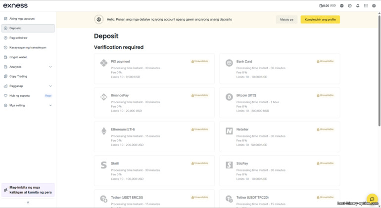 Mga paraan ng deposito sa Exness