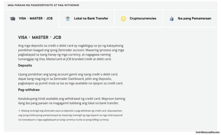 Mga Paraan ng Deposito at Pag-withdraw sa ZenTrader