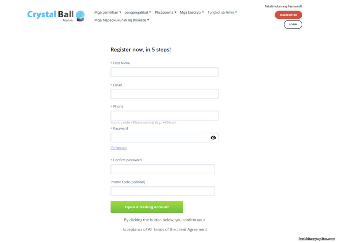 Form ng Pagrehistro ng Trading Account sa Crystal Ball Markets