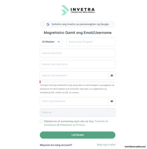 Form ng rehistro ng Invetra trading account Form ng rehistro ng Invetra trading account